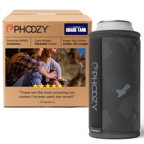 Image of PHOOZY Insulated Can Cooler for Tall 24 oz Cans - Patented Drink Sleeve with NASA-Inspired Technology - Keeps Beer, Soda & Sparkling Water Cold Longer - Lightweight Outdoor Can Holder - Black Camo