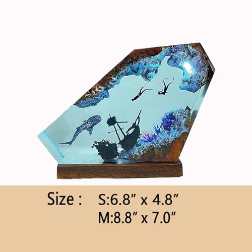 Image of Drawelry Ocean Creative Epoxy Resin Wood Light Lamp, Handmade Multi Color Aquatic Ocean Lamp Deep Sea Cave Diving Enthusiasts Led Night Light Desktop Decor Birthday Gift (Couple Diver, M)