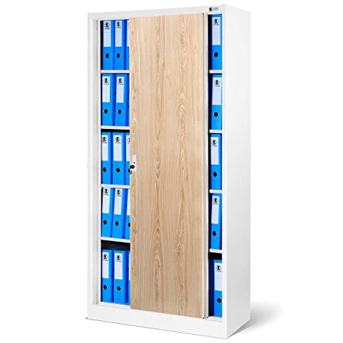 Jan Nowak Aktenschrank Büroschrank mit Schiebetüren Metall 4 Fachböden Pulverbeschichtung Abschließbar 185 cm x 90 cm x 40 cm (Weiß/Holzoptik) Jan Nowak Aktenschrank Büroschrank mit Schiebetüren Metall 4 Fachböden Pulverbeschichtung Abschließbar 185 cm x 90 cm x 40 cm (Weiß/Holzoptik)