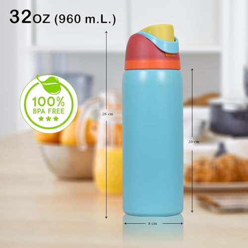 Image of FreeSip Flip-Top Water Bottle for Kids & Adults, Leakproof One-Hand Open Lid, BPA-Free, Easy Carry for School, Office, Sports & Travel - 32 oz (Cyan Blue, 960 ml)