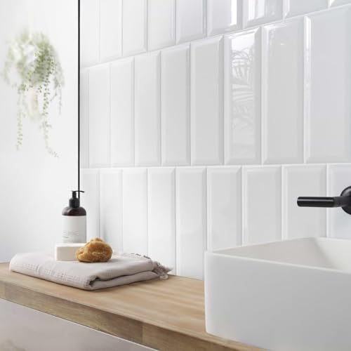 White Bevelled Gloss Metro Ceramic Wall Tile 100mm x 300mm. Each Box 0.84sqm, 28 Tiles. Kitchen Bathroom Wall Tiles…