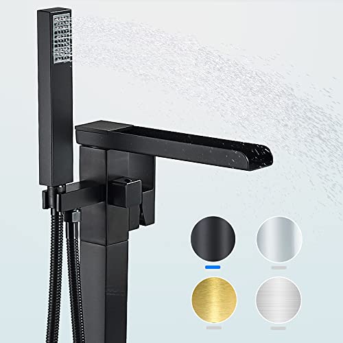 Yagatap Freestanding Tub Faucet, Free Standing Tub Filler Matte Black, Single Handle Stand Alone Brass Bathtub Faucet With Hand Held Shower And Swivel Waterfall Mixer Spout Floor Mount #TOP10