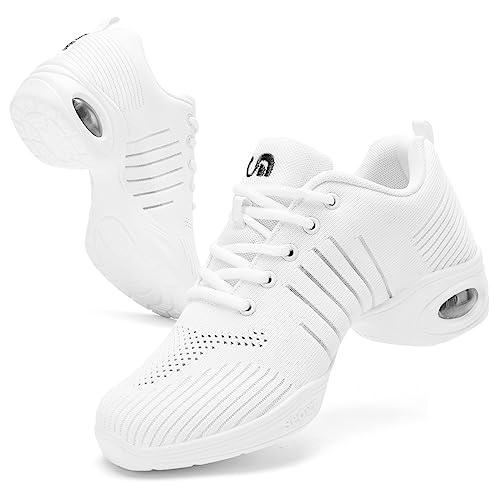 Dance Shoes for Women Jazz Shoes Women Dance Sneakers Breathable Air Cushion Split Sole Athletic Walking Dance Shoes White