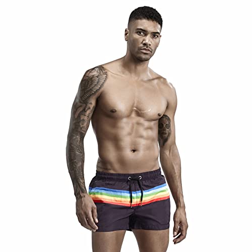 Men's Pride Rainbow Stripe Swim Trunks Quick Dry Beach Shorts with Pockets