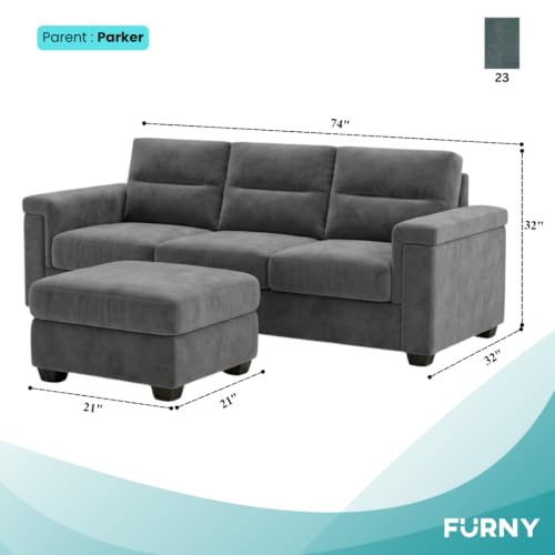 Image of FURNY Parker 3 Seater Sofa Set with Ottoman | Premium Suede Velvet Fabric Finish | Durable Comfort Sofa for Modern Living Room & Office Spaces (Dark Gray)