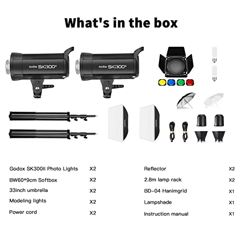 Godox 2X SK300II Studio Flash Strobe Kit:2.4G 600Ws Speedlite Flash Monolight with Bowens Mount for Studio Shooting,Location & Portrait Photography with Light Stand,Softbox,Barndoor and Umbrellas