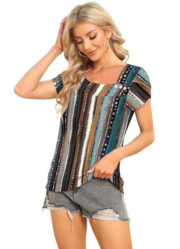 Image of Womens Petal Sleeve Tops Summer Trendy T Shirt Casual Loose Square Neck Button Blouse Tees