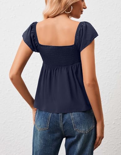 Women Sweetheart Neck Ruched Bust Peplum Hem Tank Top Ruffled Cap Sleeve Smocked Back Solid Flowy Tshirt Tops2
