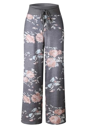 Image of Elsofer Women's Comfy Lounge Pants Soft Floral Pajama Pants Loose Drawstring Wide Leg Palazzo Pants for Sleep, Casual Wear