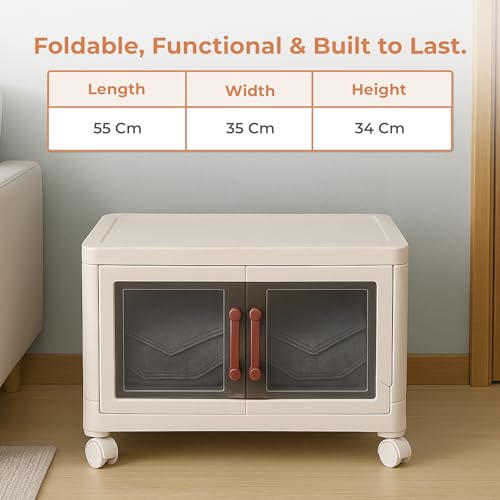 Image of HomeEssentials Storage Box | Magnetic Double Opening Door | Transparent Stacking Plastic Storage Boxes with Wheels | Suitable for Bedroom, Living Room, Office & Kitchen (1 Layer, 55X35X34 Cm)