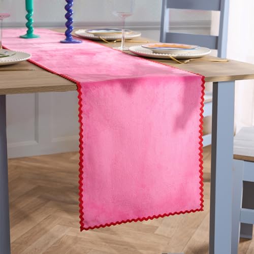 OHS Table Runner, Decorative Table Runners for Dining Table Scallop Edge Stylish Piped Trim Design Dining Room Party Kitchen Tables Decoration Runner, Pink/Red - 35 x 230cm