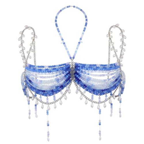 Bralette de cadena azul con borlas para destacar en fiestas de noche
