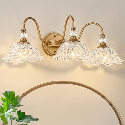 Image of Vintage Bathroom Vanity Light, 3-Light Matte Deep Brass Finish Vanity Light with Flower-Shaped Clear Glass Shades, Retro Wall Sconce for Bathroom