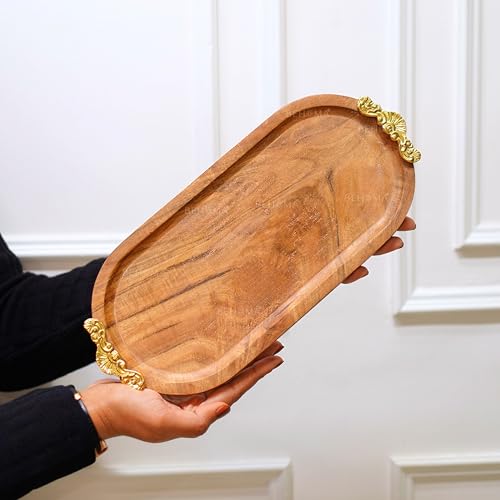 Image of BEHOMA Mango Wood Oval Serving Platter, Brass Motif, 32cm | Mango wood oval platter with brass motif, 32cm; festive serveware for Durga Puja & Navratri decor.