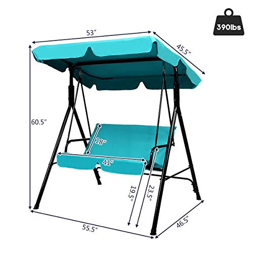 Image of Tangkula 2 Person Porch Swing, Outdoor Swing with Removable Cushions, Solid Steel Structure, Patio Swing with Adjustable Canopy for Porch, Backyard, Garden, Balcony Turquoise