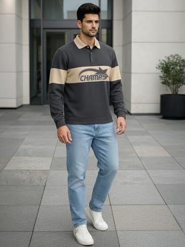 Image of Veirdo Men's Loopknit Cotton Oversized Baggy Fit | Full Sleeve Polo T-Shirt | Casual Streetwear with Ribbed Cuffs Travel | Sizes: S to XXL