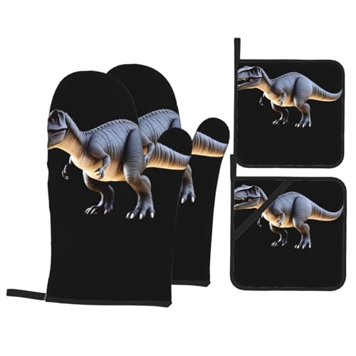 YYHHAOFA Juego de cocina con patrón de dinosaurio gigante, guantes de horno, traje de cuatro piezas grueso y aislado