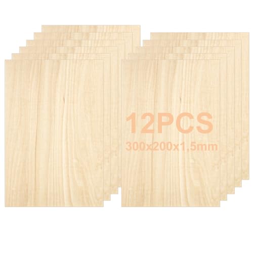 WOPPLXY Lot de 12 Contreplaqué, 300 x 200 x 1,5 mm Plaque Bois, Contreplaqué Tilleul pour Pyrogravure, Gravure, Maquette de Bricolage