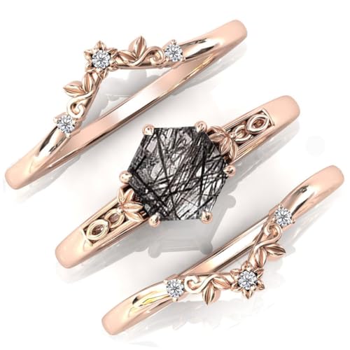 Natural Hexagon Black Rutilated Quartz Engagement Ring Set 925 Sterling Silver Rings for Her with Free Engraving Jewelry Gift for Women Black Rutilated Quartz Vintage Ring Set Size 4-15 -82