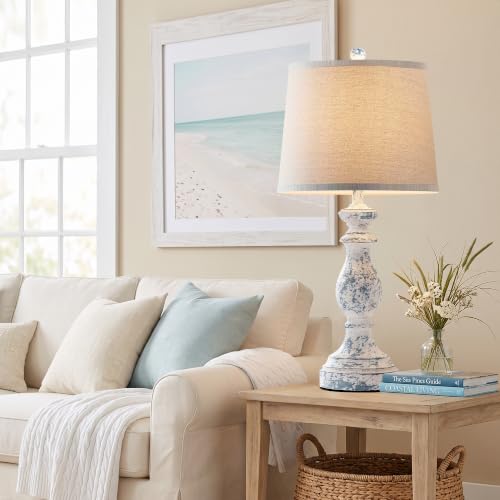 Image of PARTPHONER Traditional Table Lamp Set of 2, Rustic Farmhouse Table Lamps for Living Room Bedroom, 27 inch Bedside Desk Lamps Vintage Nightstand Lamps with Linen Shades, Washed Blue