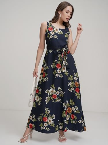 Image of Tokyo Talkies Women's Elegant Blue Printed Maxi Dress with Sleeveless Style Perfect for Casual & Semi-Formal Occasions
