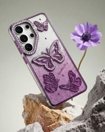 Image of Elzzi Electroplated Butterfly Phone Cover for Samsung S26 Ultra Case, Showcasing Pearlescent Diamond Soft TPU, Camera Protection, Shockproof, Dropresistant Stylish for Girls & Women (Purple)