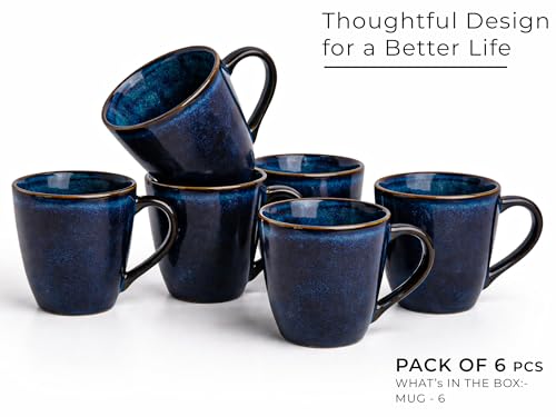 Image of Bodhi House Handcrafted Ceramic Coffee Mug Set of 6 Pieces (350 Ml), Stoneware Tea Cup, Microwave Safe Large Milk Mug, Glossy Finish, Ideal for Daily use, Casual Gatherings and Gifting, Reactive Blue