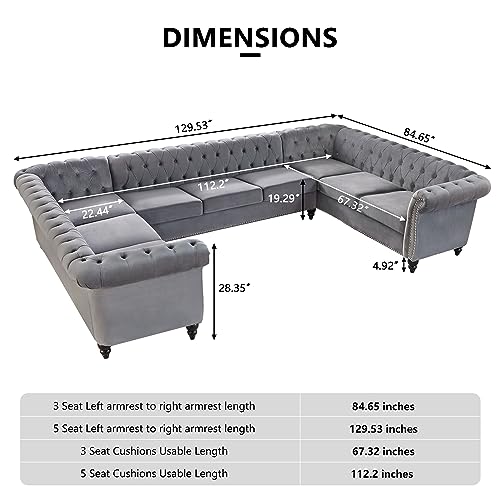 Image of QHITTY U-Shaped Sofa, Sectional Chesterfield Velvet Couch 9-Seater Upholstered Large Accent Tufted Sofa with Rolled Armrest and Nailhead Design for Living Room, Apartment, Office (Grey)