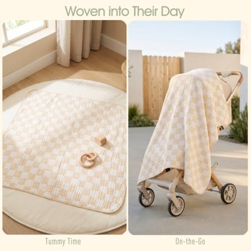 Image of Ultra Soft Muslin Baby Blanket - Made with Organic Cotton, Neutral Earth Tone Checkered Swaddle & Crib Quilt, 43x43 (Beige)