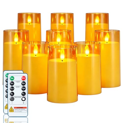 Image of Homemory Amber Flickering Flameless Candles, Battery Operated Acrylic LED Pillar Candles with Remote Control and Timer, Fall Candles, Set of 9
