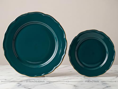 Image of Bodhi House 6-Piece Gold Rim Porcelain Dinner Set | Plates & Bowls Set | Lightweight, Chip Resistant, | Dishwasher Safe | Ideal for Home Dining, Parties & Gifting Tableware Set | Teal