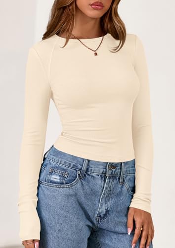 PRETTYGARDEN Long Sleeve Shirts for Women 2025 Fall Going Out Tops Casual Ribbed Knit Slim Fitted Basic Tees Y2K Clothes
