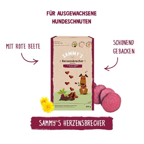 Sammy´s Herzensbrecher | Fein gebackene Snacks für Hunde | Schonend im Ofen gebacken | Mit Rote Bete & Löwenzahn | Reich an Geflügel | ohne Zuckerzusatz | Trainingssnack | 1 x 800 g