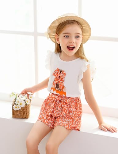 Image of Toddler Girl Clothes 2 Piece Girls Outfits Set Print Bow Top and Belted Ditsy Floral Shorts for Spring Summer