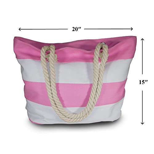 Canvas Tote Shoulder Bag for Pool and Beach with Top and Inner Zipper Rope Handles with Waterproof Bag for Phone Included, Medium, Red and White2