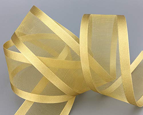 finemark 25 m x 38 mm Chiffon Ribbon with Satin Edge Beige Gold (18) Chiffon Decorative Ribbon Gift Ribbon Semi-Transparent Shiny Without Wire Organza