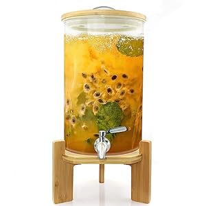 Glass Drink Dispenser with Stand,2.1 Gallons Wood Stand Cold Beverage Dispensers,Glass Beverage Dispenser with Spigot – Large Drink Dispensers for Parties,Bars,Restaurants