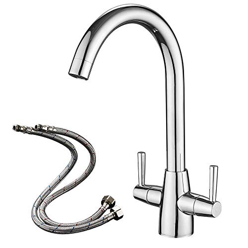 Heable Kitchen Mixer Tap Dual Lever Swivel Spout Chrome Sink Taps with UK Standard Fittings