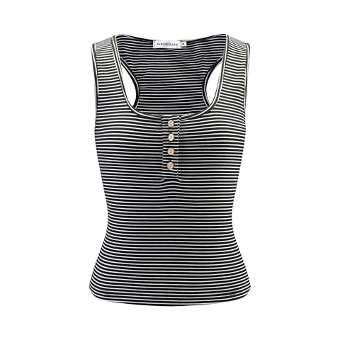 NERLEROLIAN Woman Stripe Ribbed Tank Tops Button Down Casual Slim Fitted Knit Sleeveless Vest Shirts Tee(heibai,s) Cover