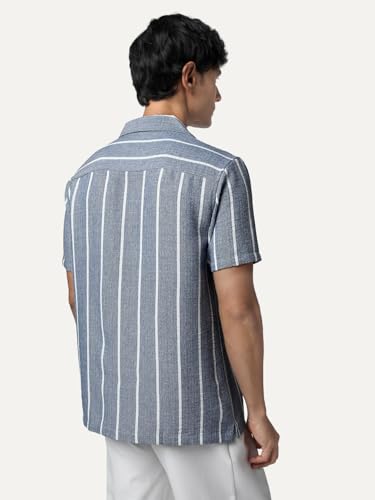 Image of Urbano Fashion Men's Cotton Half Sleeve Relaxed Fit Linen Striped Shirt with Cuban Collar