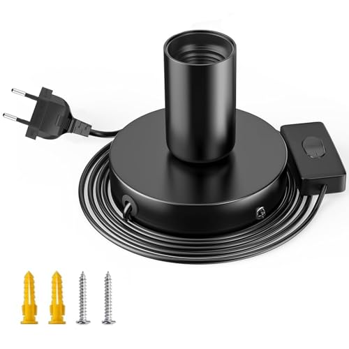 Powice Lampenfassung E27 mit Schalter, E27 Fassung Schwarz mit 1,8m Netzkabel Schraubring Schalter für DIY-Projekte, Lampenaufhängung Pendelleuchte Hängeleuchte