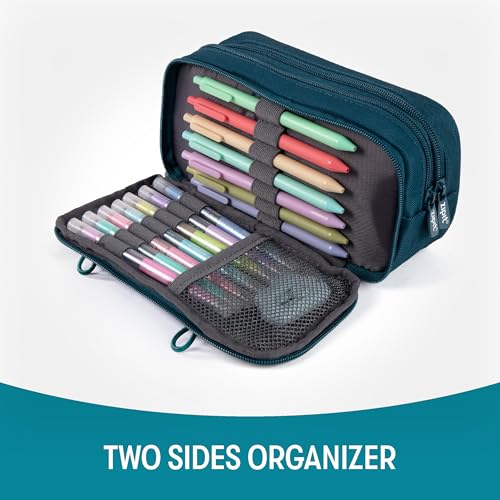 Image of ZIPIT Half & Half Pencil Case, 3 Compartment Zipper Pouch for School, Stationery Bag for Teen Girls Boys and Adults, Teal