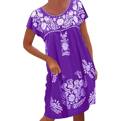 Vestido escote mujer dobladillo oscilante étnico verano playa vacaciones boho midi vestido cuello redondo túnica vestido verano mujer sexy, morado, XL