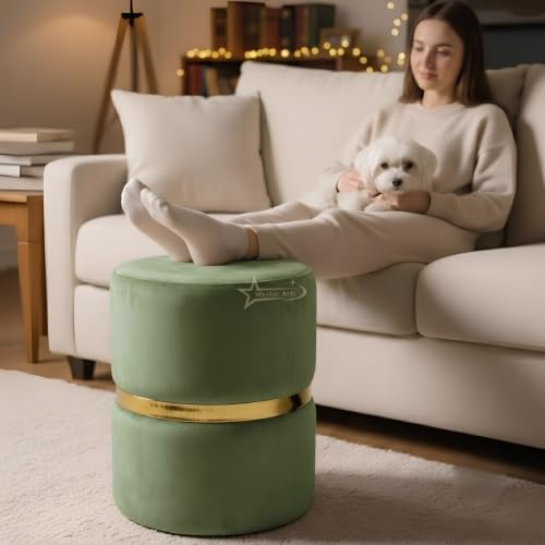 Image of Round Single Strip Upholstered Stool Living Room Foot Rest Linen Fabric Padded Seat Pouf Ottoman Office Stool (Pista Green)