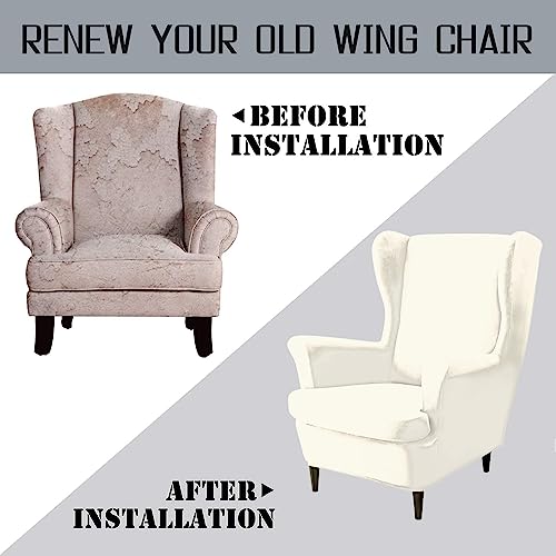 Image of HOKIPO 210 GSM Premium Velvet Stretchable Wingback Chair Cover, Beige (AR-4761-BGE)