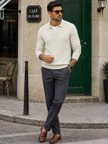 Image of TYSORT Men's Cotton Full Sleeve Collar Polo Sweater for Men, Cable Knitted Sweaters for Men