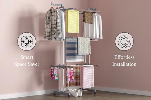 Image of Premium Stainless Steel Clothes Drying Stand | 3 Tier 2 Pole Foldable Laundry Rack with Wheels & Sock Holder | Heavy Duty Indoor & Outdoor for Balcony, Terrace & Home - Gray