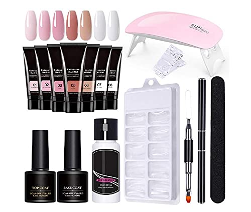 Nagelgel Set,Gel Nägel Nagelverlängerung, Poly Nagelgel Kit, 7 Farben Acryl Nagelverlängerung Gel Set Gel Polnisches Starter Kit mit UV-Lampe Nagelgelbuilder Nageldatei Clip Cover