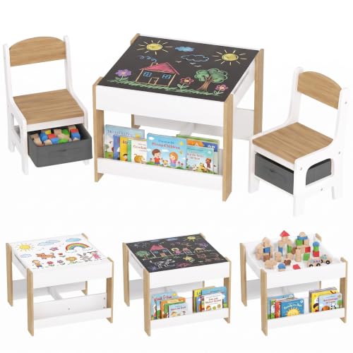 HOMCOM Juego de Mesa y 2 Sillas Infantil 3 en 1 con Pizarra Blanco Natural