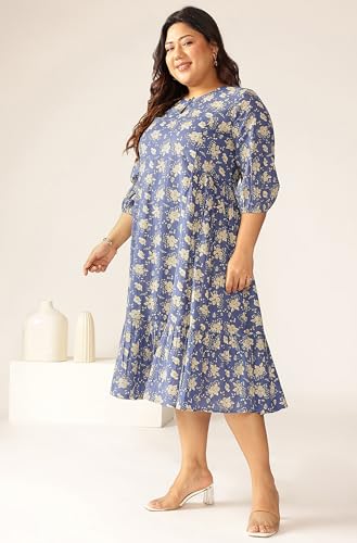 Image of Janasya Women's Plus Size Blue Pure Cotton Floral Printed Fit & Flare Dress